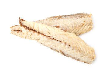 Fototapeta na wymiar Canned mackerel fillets on white background, top view