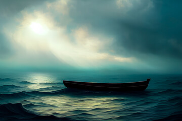 Fototapeta na wymiar Sunlight over a small boat on the ocean. Generative AI.