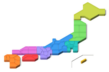 簡略化された3D日本地図　県別　地方別　アイソメトリック（背景透過、影付き）