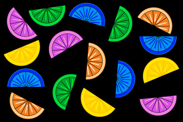 abstract pattern of color slices of lemon, orange, grapefruit. Summer background. Cocktails, multi color, bright on a black background. Seamless Abstract pattern of color slices of lemon, orange, grap