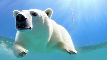 Plakat polar bear swimming in blue water, white bear, ocean, north pole, Generative AI