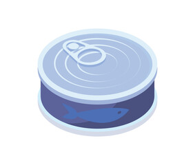 Canned fish concept. Tin or aluminum can, natural and organic product, protein. Graphic element for market website. Goods from grocery store. Cartoon isometric vector illustration