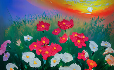 Fototapeta na wymiar colorful flowers on green grass against the backdrop of the setting sun