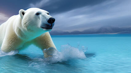 polar bear swimming in blue water, white bear, ocean, north pole, Generative AI