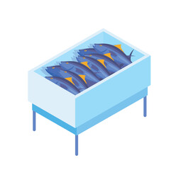 Fish in containers concept. Fresh products and healthy fats and trace elements, vitamins. Poster or banner for website. Transportation and production. Cartoon isometric vector illustration