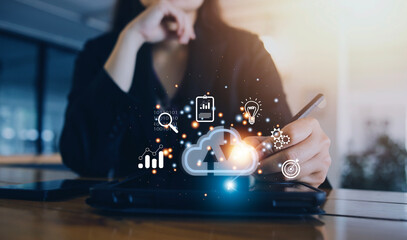 man use Laptop with cloud computing diagram show on hand. Cloud technology. Data storage. Networking and internet service concept.