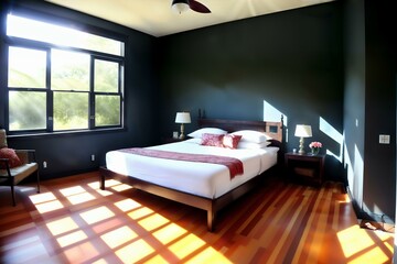 Cozy Home Bedroom scene forest & window light and shadows, ceiling fan and wood floor, 4k details