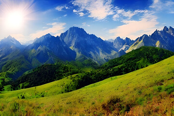Obraz premium landscape of green hills and mountains with blue sunny sky with clouds, bushes and trees in the distance. Generative AI
