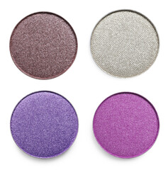 Collage of beautiful different eye shadow refill pans on white background