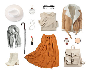 Collage with different clothes, cosmetics and accessories for stylish look on white background....