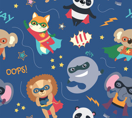 Superheroes seamless pattern. Repeatable design element for printing on fabric. Animals in capes and masks. Lion, dolphin, fox, koala and panda with superpowers. Cartoon flat vector illustration