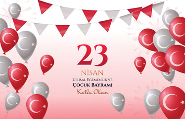 April 23 Turket with balloons. Nisan Cumhuriyet Bayrami. National holiday, culture and traditions. Independence and freedom. Greeting postcard design. Cartoon flat vector illustration