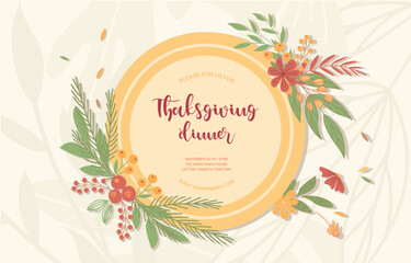 Thanksgiving dinner concept. Poster or banner. Symbol of autumn season and harvest. Holidays, culture and traditions. Natural and organic products, vegetables. Cartoon flat vector illustration