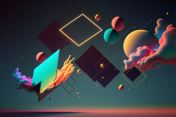 Abstract Colorful Neon Geometric Shapes Projected in the Sky, Clouds Generative AI