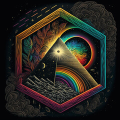 Hand Drawn Geometric Mystical Pyramid Realm on Rainbow Scratchboard, Psychedelic Trippy Acid LSD Shrooms Generative AI