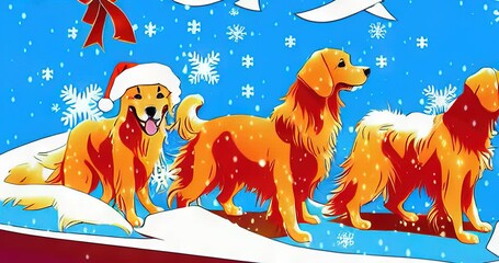 snowflakes falling on golden retrievers wearing santa hats holiday illustrated animation xmas christmas illustration snow snowy winter