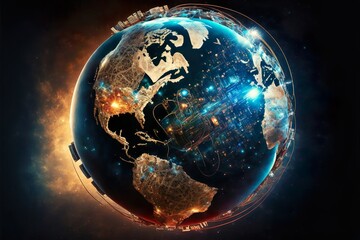 Picture of the earth sharing technology in the middle of the night, space ai art, global illumination, future tech, ue5