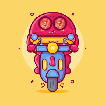 cool macaron bakery character mascot with riding scooter motorcycle isolated cartoon in flat style design