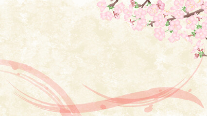 ピンクの筆ストロークが入った和紙風背景と立体的な桜の枝の和風素材