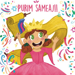 PNG Ilustración infantil de niña disfrazada de princesa feliz festejando. Purim o carnaval, con vestido rosa. Ilustración Sin fondo