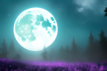 Fototapeta na wymiar Biggest full moon above a fairy purple meadow. Generative AI.