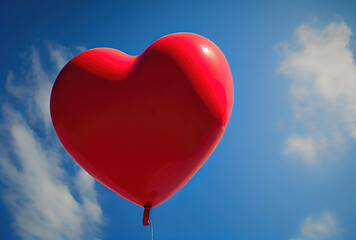 Plakat Red balloon in heart shape flying on the air with blue sky background. Valentines day concept. Generative AI