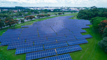 Aerial view of solar panels in Sao Jose dos Campos, Brazil. Many renewable energy panels