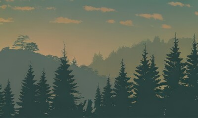 forest in the mountains background, trees silhouette background