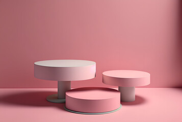 Pink three tier platform for product display, empty showcase, valentine's day mockup, plain background, 3d illustration