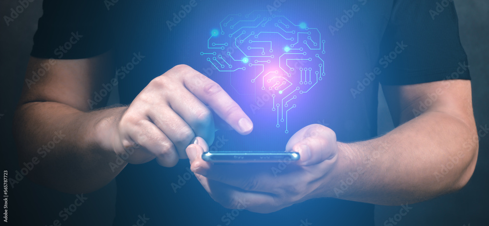 Poster ai with digital brain is learning processing big data, analysis information. technology background c