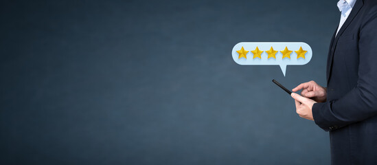 Businessman customer giving five star rating on phone.Customer Experiences Concept. Happy Client...