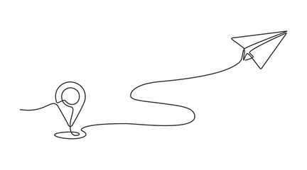 Continuous line drawing of airplane flight route and airport destination. paper airplane icons and path and location directions. location pins and paper airplane in single line doodle style.