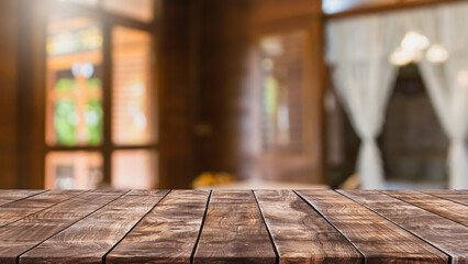 Empty wood table top and blurred coffee shop, cafe and restaurant interior background - can used for display or montage your products. - 565787959