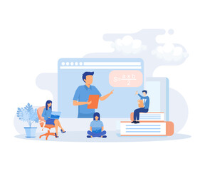 Online education illustration. Students having video call with teacher. People learning online and solving educational test or exam. Distance learning concept. flat vector modern illustration