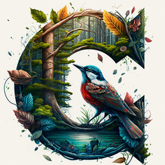 Logo reveals the letter G in an epic forest with water and birds, high detail, colorful, Generative AI