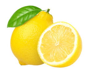 ripe lemon fruit with leaves and half isolated, Fresh and Juicy Lemon, transparent png, PNG format, cut out.
