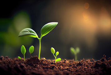 Seedlings sprout from the ground. Nature and life concept. Generative AI
