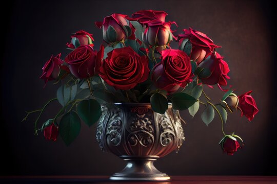 Valentine's Day Valentine Dozen Roses in Vase Love Romantic Red Background Image