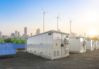 Fototapeta Amount of energy storage systems or battery container units with solar and turbine farm obraz