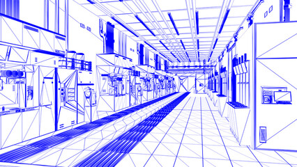 Blueprint of futuristic semiconductor manufacturing factory or laboratory interior with machine and computer screen