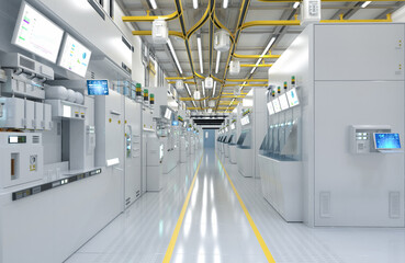 White futuristic semiconductor manufacturing factory or laboratory interior with machine and computer screen