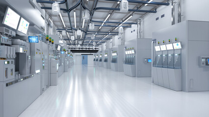 White futuristic semiconductor manufacturing factory or laboratory interior with machine and computer screen