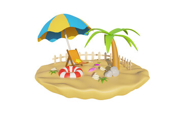 Summer island illustration on a blank white backdrop 3D