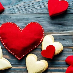 Red and White Textured Hearts on Wooden Background, Generative AI