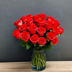 Beautiful Bouquet of Red Roses in Glass Vase, Generative AI