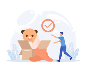 Fototapeta na wymiar Donation illustration. Volunteers collecting and packing used clothes in boxes for charity. Flat vector modern illustration 