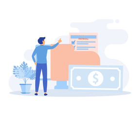 Financial administration. Characters calculating and filling salary payslip and payroll report. Business accounting, organization and audit concept.Flat vector modern illustration 