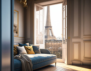 View of Eiffel Tower from a luxury apartment - Generative AI - obrazy, fototapety, plakaty