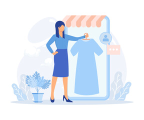 Obraz premium Sustainable fashion illustration. Characters sell, buy and swap used clothes and shoes online. Second hand, clothes exchange and donationFlat vector modern illustration . 
