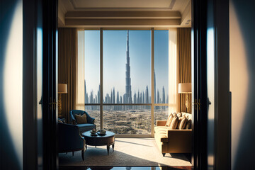 View of burj khalifa from a luxury apartment - Generative AI